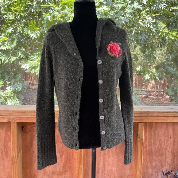 Anthropologie Sleeping On Snow Army Green Boucle' Hooded Cardigan Size S - Picture 1 of 13